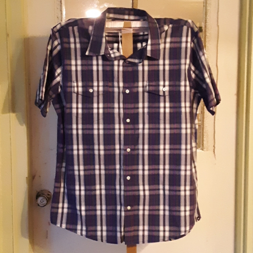 Hurley Youth XL Short Sleeve Plaid Shirt Blue Red White Button Up Church Cotton